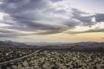 Landschaft Blick auf entfernte Autobahn im Joschua-Baum-Nationalpark in der Dämmerung, Kalifornien, USA — Stockfoto