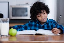 Мальчик делает домашнюю работу дома — стоковое фото