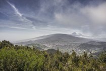 Хмарне небо над гірським хребтом і зеленим лісом — стокове фото