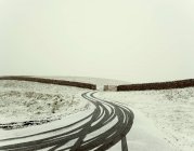 Huellas de neumáticos en carretera rural nevada con vallas y portón - foto de stock