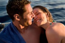Couple on boat looking at each other — Stock Photo
