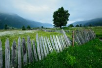 Fence on green misty valley with distant mountains — Stock Photo