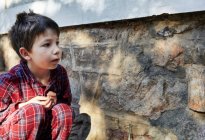 Хлопчик вивчає метелик на кам'яній стіні — стокове фото