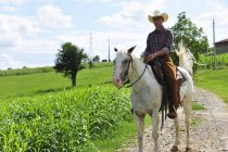 Портрет молодого человека в ковбойской экипировке верхом на лошади по сельской дороге — стоковое фото