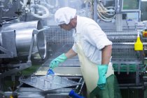 Trabajador masculino que trabaja en la fábrica de producción de tofu orgánico - foto de stock