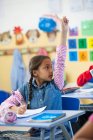 Primary schoolgirl with hand raised in classroom — Stock Photo