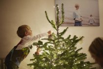 Jeune garçon mettant des lumières sur l'arbre de Noël — Photo de stock
