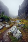 Misty path at Aku-Aku Ravine, Khibiny mountains, Kola Peninsula, Russia — Stock Photo