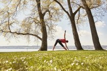 Rückansicht einer Frau, in Yogaposition am See — Stockfoto