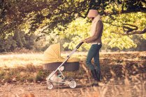 Mother walking baby in pram in forest — Stock Photo