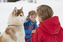 Boy and brother crouching with husky in snow, Elmau, Bavaria, Germany — Stock Photo