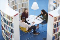 Молодые студенты университета, работающие в библиотеке — стоковое фото