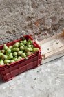 Cesta de peras maduras deliciosas en el suelo - foto de stock
