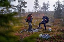 Two hikers smiling with backpacks on travel, Lapland, Finland — Stock Photo