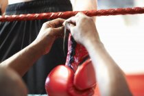 Treinador ajudando boxeador colocar luvas, seção meio — Fotografia de Stock