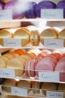 Macaron varietà sugli scaffali in panetteria — Foto stock