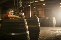 Hombre maduro haciendo barril de whisky en el tonelaje - foto de stock