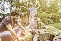 Amici maschi e femmine che fanno picnic in giardino — Foto stock