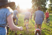 Вид сзади идущих на вечеринку взрослых, прибывающих в парк на велосипедах на закате — стоковое фото
