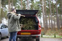 Giovane con ascia e albero di Natale tritato nel bagagliaio della macchina — Foto stock