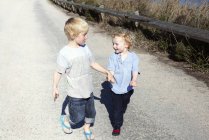 Hermanos caminando juntos y tomados de la mano en el camino rural - foto de stock