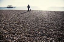 Silhouetted view of Brighton pier and man with toddler daughter on beach, Brighton, Sussex, UK — Stock Photo