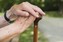 Las manos de una mujer mayor, sosteniendo bastón - foto de stock