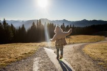 Rear view of female toddler toddling on sunlit dirt track, Tegernsee, Bavaria, Germany — Stock Photo