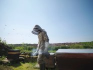 Beekeeper with smoker and hives — Stock Photo