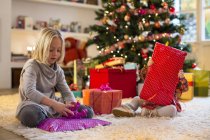 Hermanas revisando regalos por árbol de Navidad - foto de stock