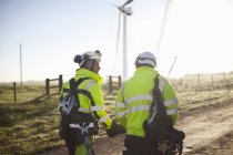 Два инженера на ветряной электростанции идут вместе, вид сзади — стоковое фото