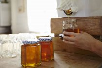 Hand of female beekeeper in kitchen bottling up filtered honey from beehive — Stock Photo