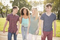 Quatre jeunes amis adultes se promènent dans le parc — Photo de stock