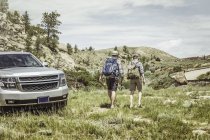 Vista trasera del hombre y el hijo adolescente en viaje por carretera senderismo en el paisaje, Bridger, Montana, EE.UU. - foto de stock