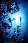 Underwater silhouette of three scuba divers and bubbles, Bali, Indonesia — Stock Photo