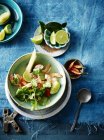 Top view of kaffir lime tom yum soup served on table — Stock Photo