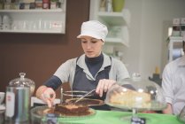 Female barista serving chocolate cake in cafe interior — Stock Photo