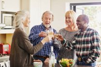 Amigos seniores brindam com vinho na cozinha — Fotografia de Stock