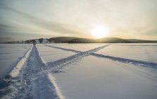 Nieve cubierto paisaje al atardecer - foto de stock