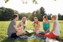 Family sitting on picnic blanket in park giving mature woman flowers and gifts smiling — Stock Photo