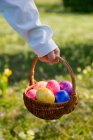 Tiro cortado de menino segurando cesta de Páscoa com ovos pintados — Fotografia de Stock