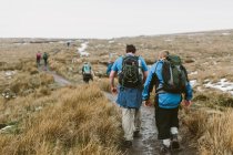 Randonneurs traversant la lande, Yorkshire Dales National Park, Angleterre — Photo de stock