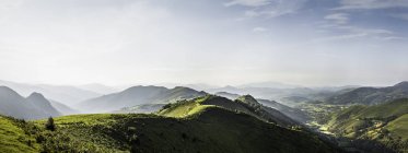 Panoramic landscape of green hills in sunlight — Stock Photo
