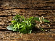Persil, thym, feuilles de laurier attachées ensemble avec une ficelle sur une surface en bois rustique — Photo de stock