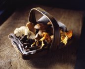 Organic wild mushrooms in basket on wooden cutting board — Stock Photo