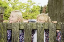 Brother and sister peering over wooden gate — Stock Photo