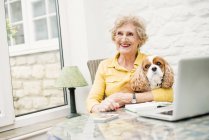 Пожилая женщина с собакой, отводящей взгляд во время использования ноутбука — стоковое фото