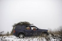 Dos chicas en coche con árbol de Navidad en el techo - foto de stock
