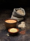 Natura morta con ciotole di lenticchie rosse e grani con sacco di semi — Foto stock