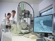 Científicos que utilizan el microscopio electrónico de barrido (SEM) para observar el polen en el biolab - foto de stock